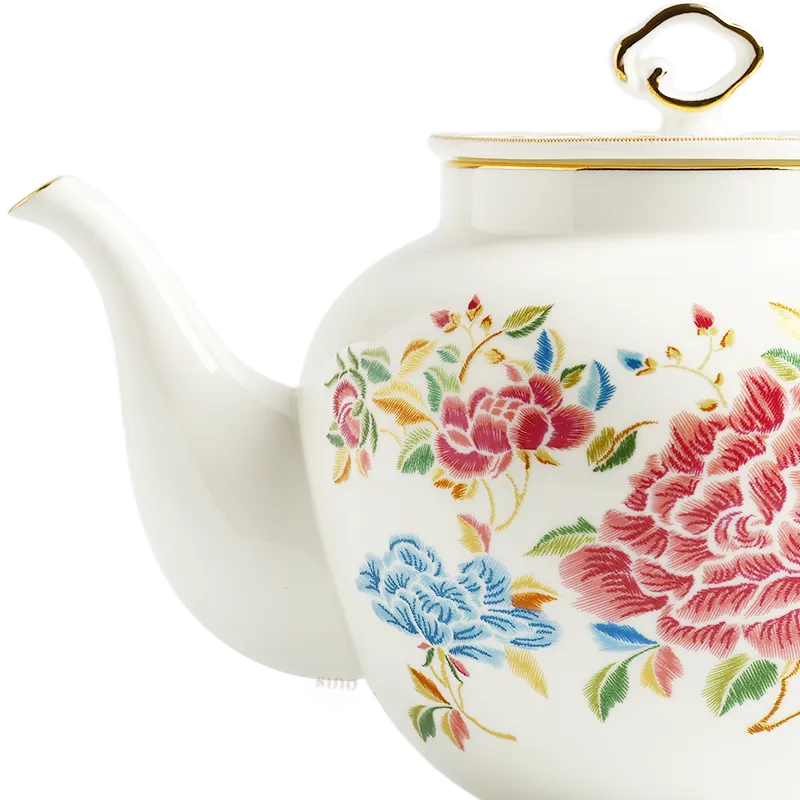Detail of 420ml chinoiserie teapot spout and half body with floral embroidery.