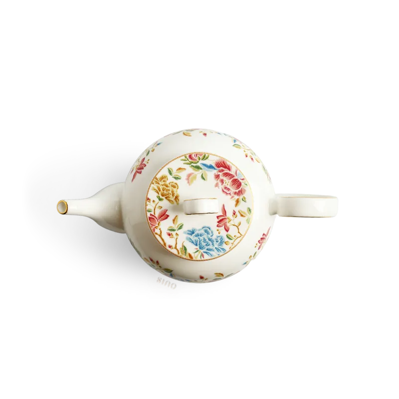 Top view of 420ml chinoiserie bone china teapot showing lid and floral pattern.