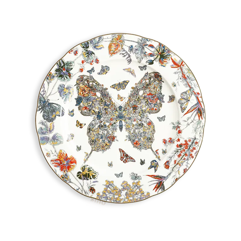 10.5-inch luxury bone china scalloped dinner plate with butterfly and floral design.