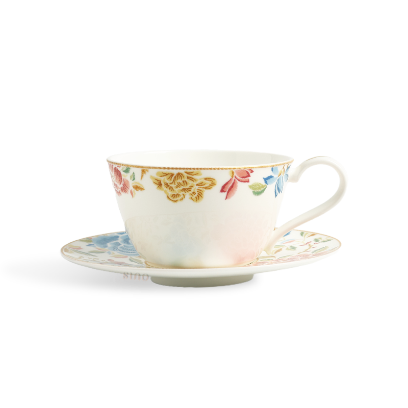 Hand-painted floral bone china tea cup and saucer set.