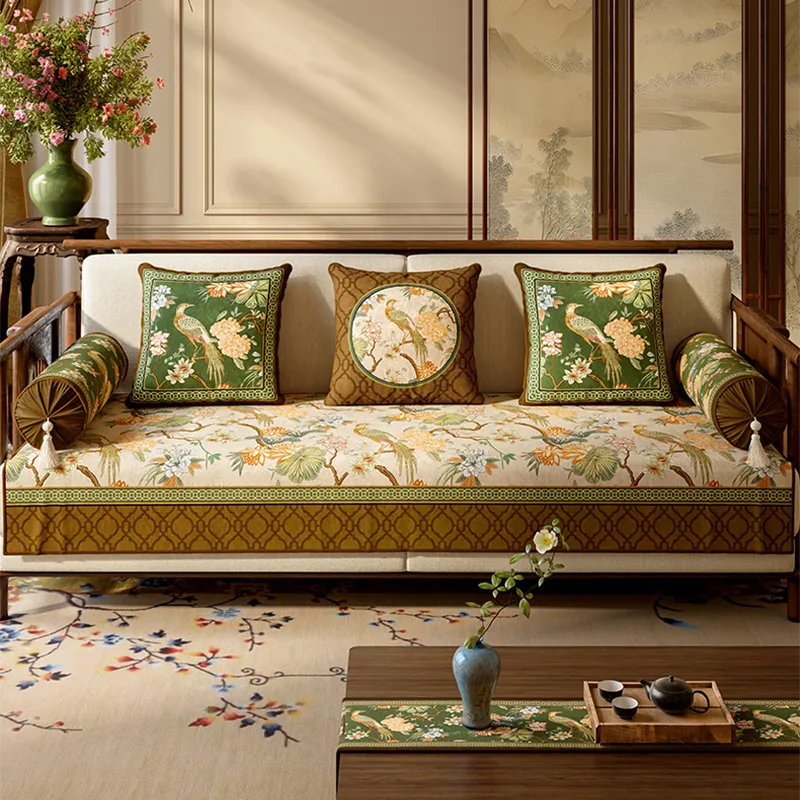 Brown chinoiserie sofa slipcover with mountain bird hydrangea print.