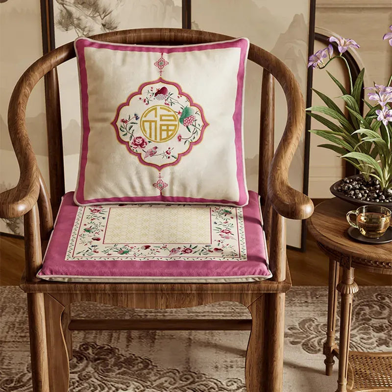 Chinoiserie coral pink dining chair cushion for home decor.