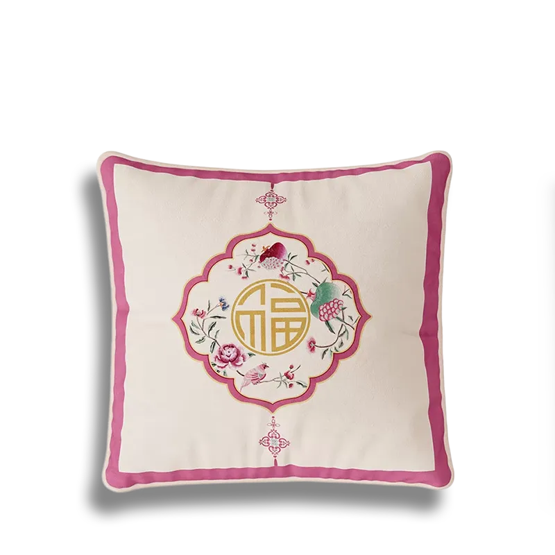 Chinoiserie coral pink pillow cover with Fu motif.