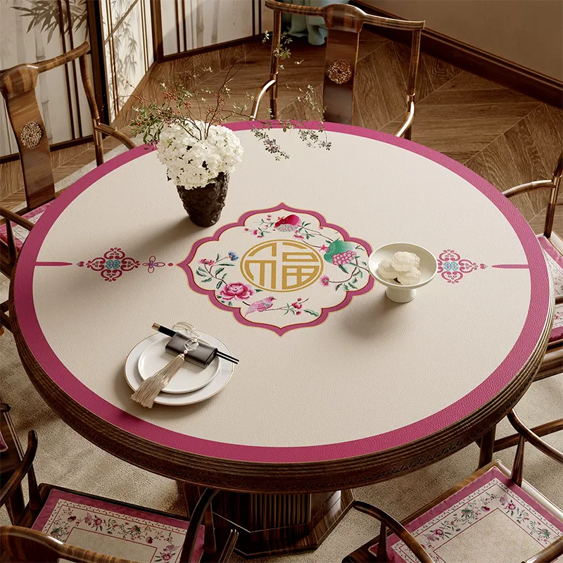 Chinoiserie coral pink round leather table mat with longevity design.