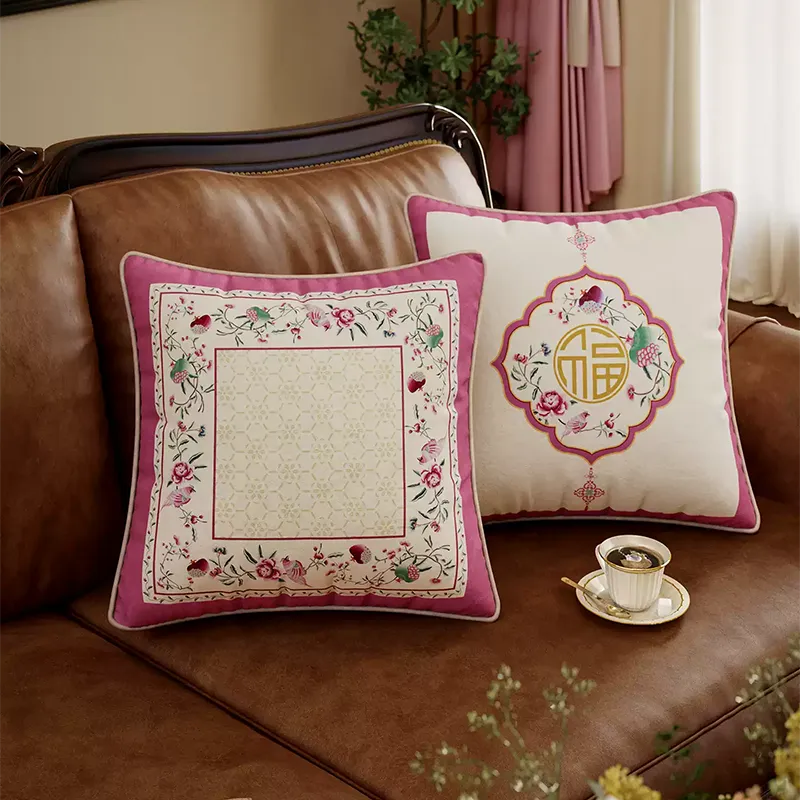 Chinoiserie coral pink throw pillow for sofa decor.