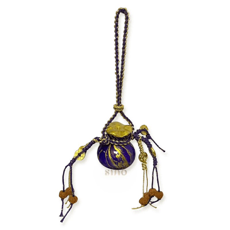 Purple money pouch-shaped bag charm crafted with Daqi lacquer, featuring gilded accents, braided cords, coin details, and decorative bead tassels.