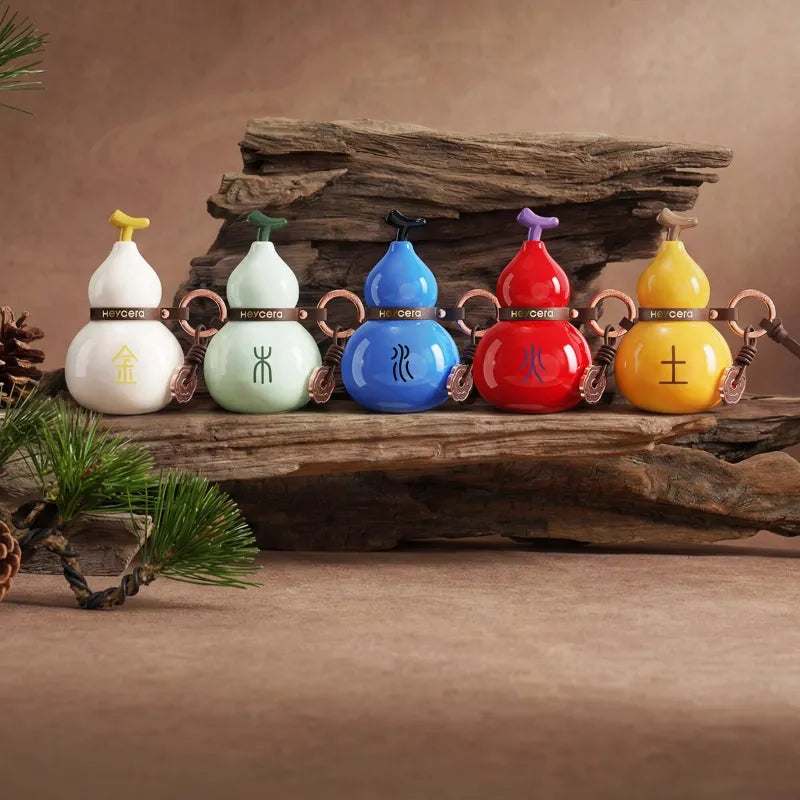 Complete Five Elements porcelain Hulu bag charm set featuring Metal, Wood, Water, Fire, and Earth designs in five symbolic colors.