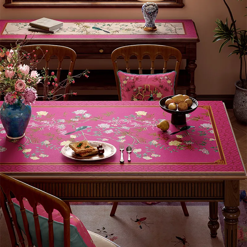 Full pink chinoiserie retro floral bird table mat.