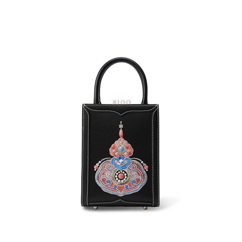 Embroidered leather tote bag front, Chinese gourd blessings motif on black background