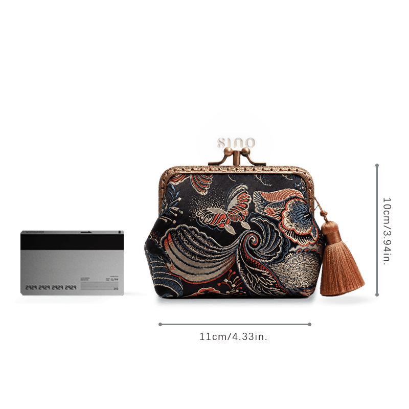 Size reference image of the Chinoiserie Hand-Finished Silk Mini Coin Purse Wallet - Black Butterfly, showing a compact women’s silk coin purse with tassel, approximately 11 × 10 cm.