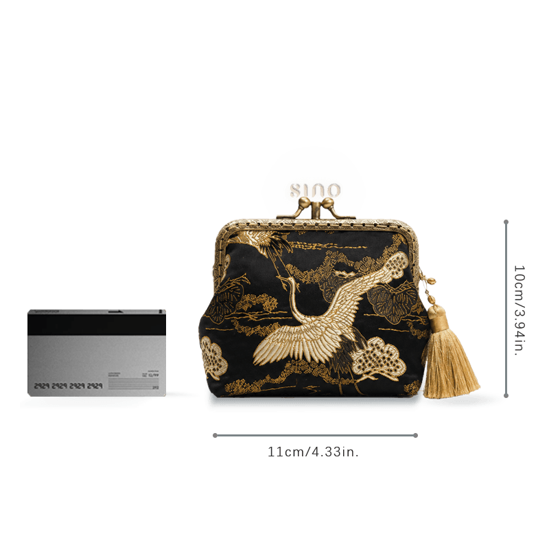 Size reference image of the Chinoiserie Hand-Finished Silk Mini Coin Purse Wallet - Black Crane, showing a compact women’s silk coin purse with tassel, approximately 11 × 10 cm.
