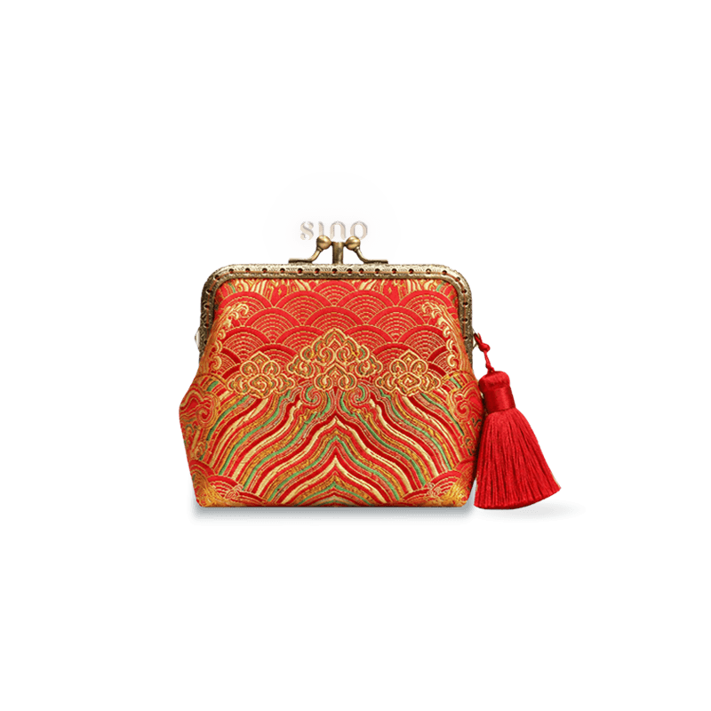 Front view of the Chinoiserie Hand-Finished Silk Mini Coin Purse Wallet - Red Sea Cliff, featuring a red silk sea cliff pattern, vintage kiss lock frame, and tassel detail.