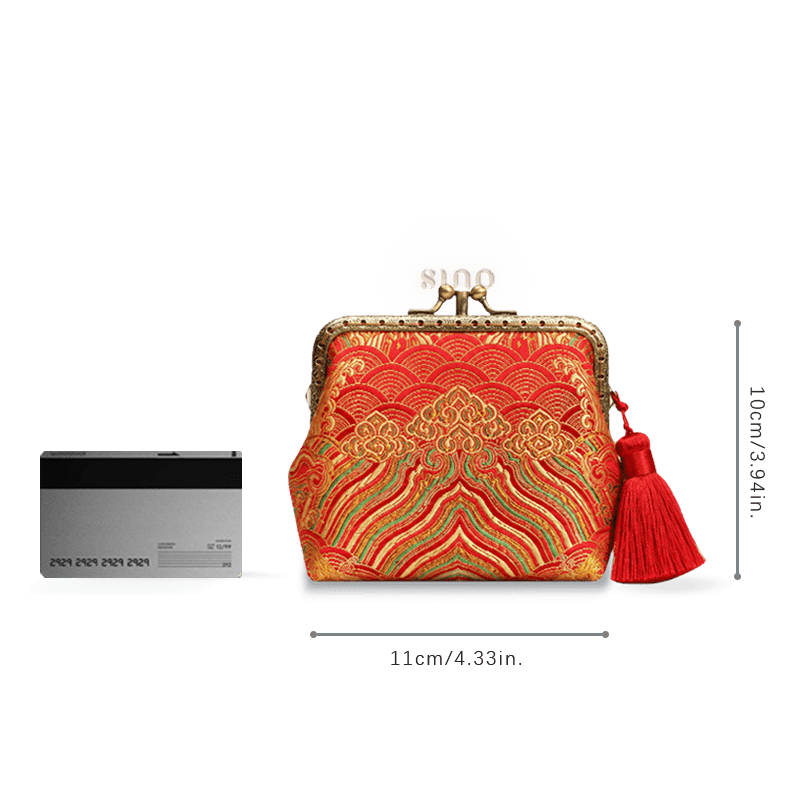 Size reference image of the Chinoiserie Hand-Finished Silk Mini Coin Purse Wallet - Red Sea Cliff, showing a compact women’s silk coin purse with tassel, approximately 11 × 10 cm.