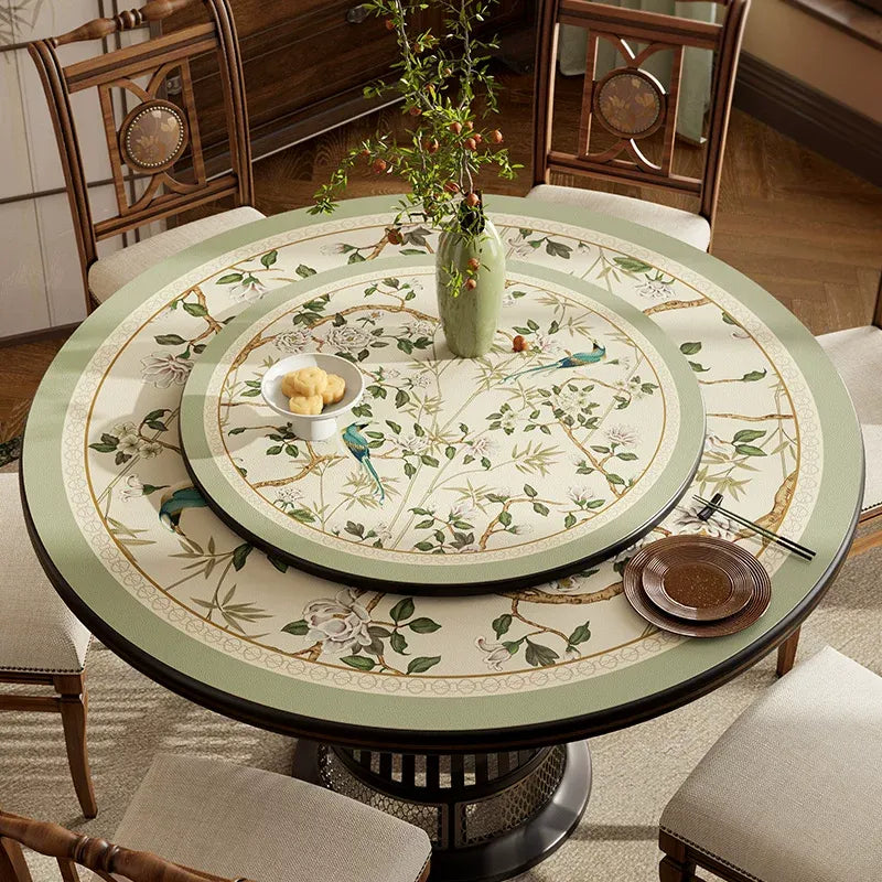 Style A double-layer chinoiserie jade green leather round table mats on a two-tier round table.