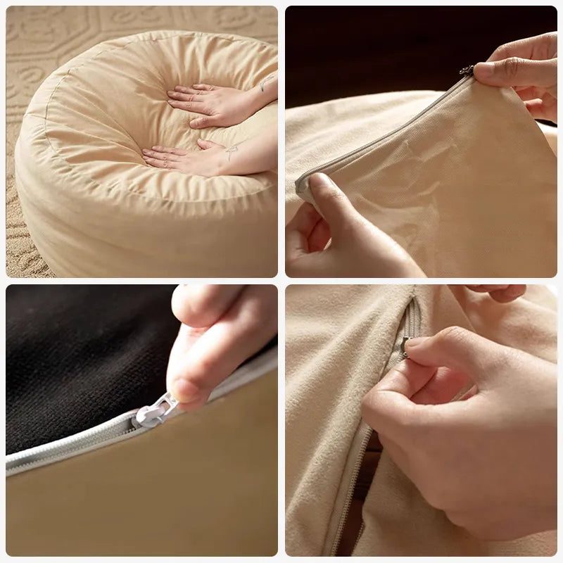 Four-panel detail collage showing the removable cover, easy-use zipper, washable design, and layered construction of the floor pouf.