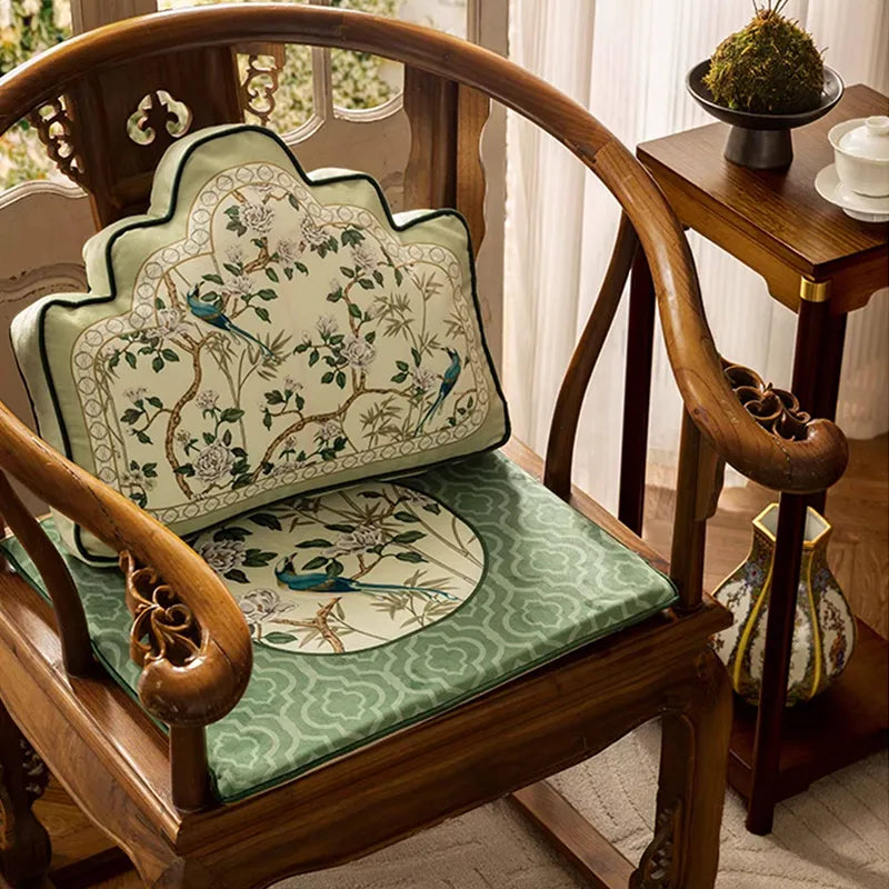 Left side view of Style B chinoiserie jade green short plush chair cushion on chair.