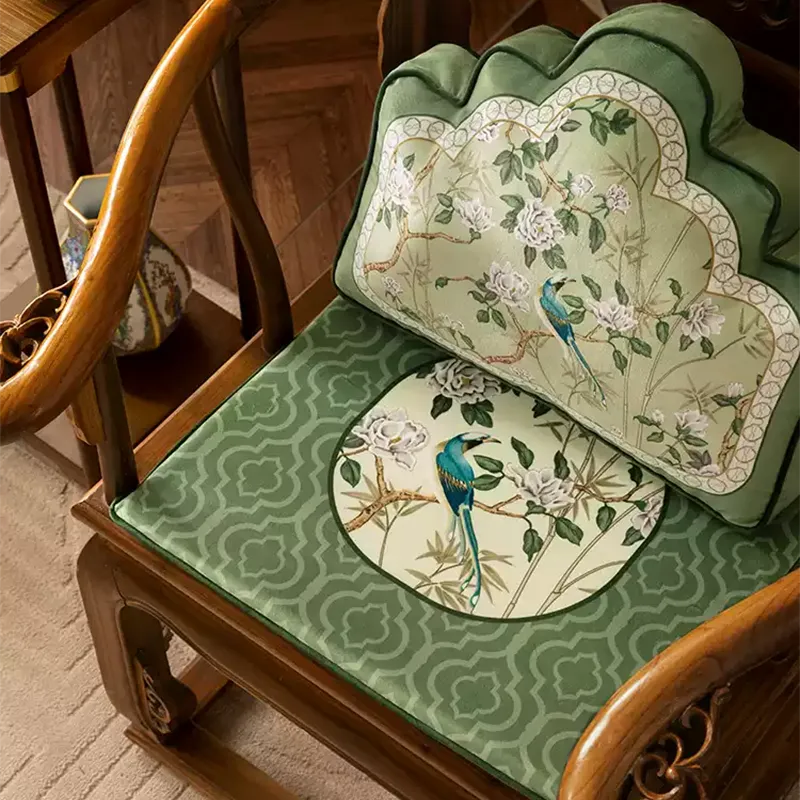 Style B chinoiserie jade green short plush chair cushion on chair with soft, supportive fill.