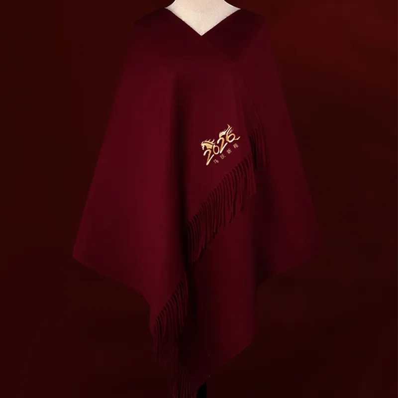 Luxury wool cashmere scarf with 2026 Galloping Grace embroidery – leaping horse motif symbolizing ambition and prosperity for Horse Year.