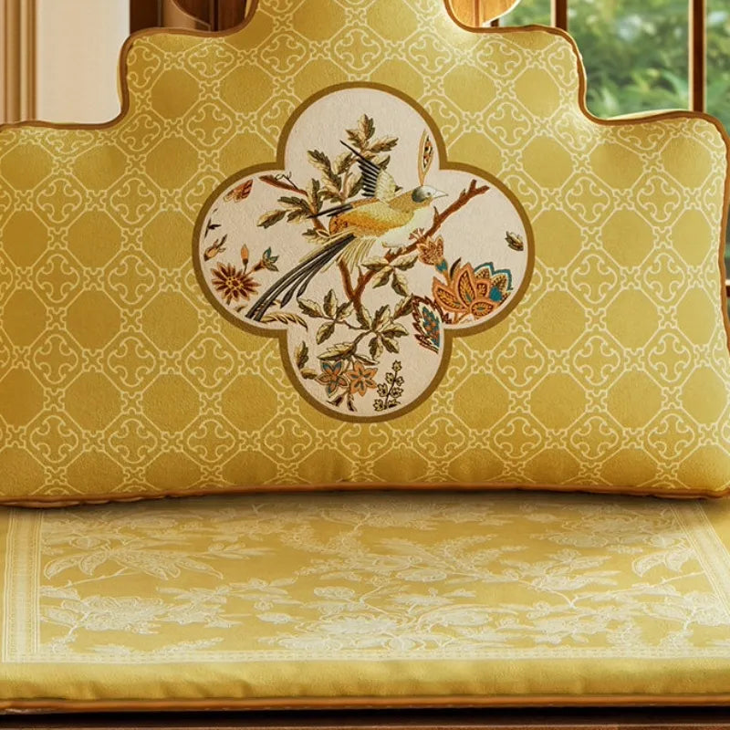 Golden Autumn Splendor dining seat cushion paired with a matching Chinoiserie lumbar pillow on a traditional wooden armchair.