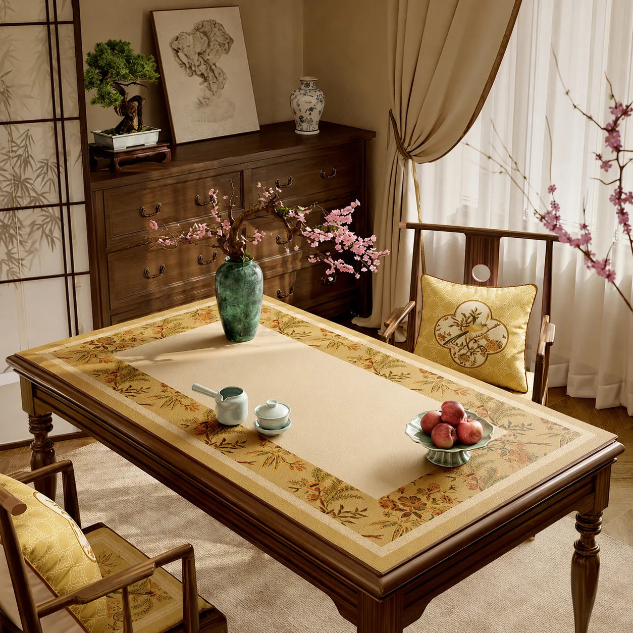 Autumn Splendor leather dining table protector styled in an elegant Chinoiserie dining room with floral and bird motifs.