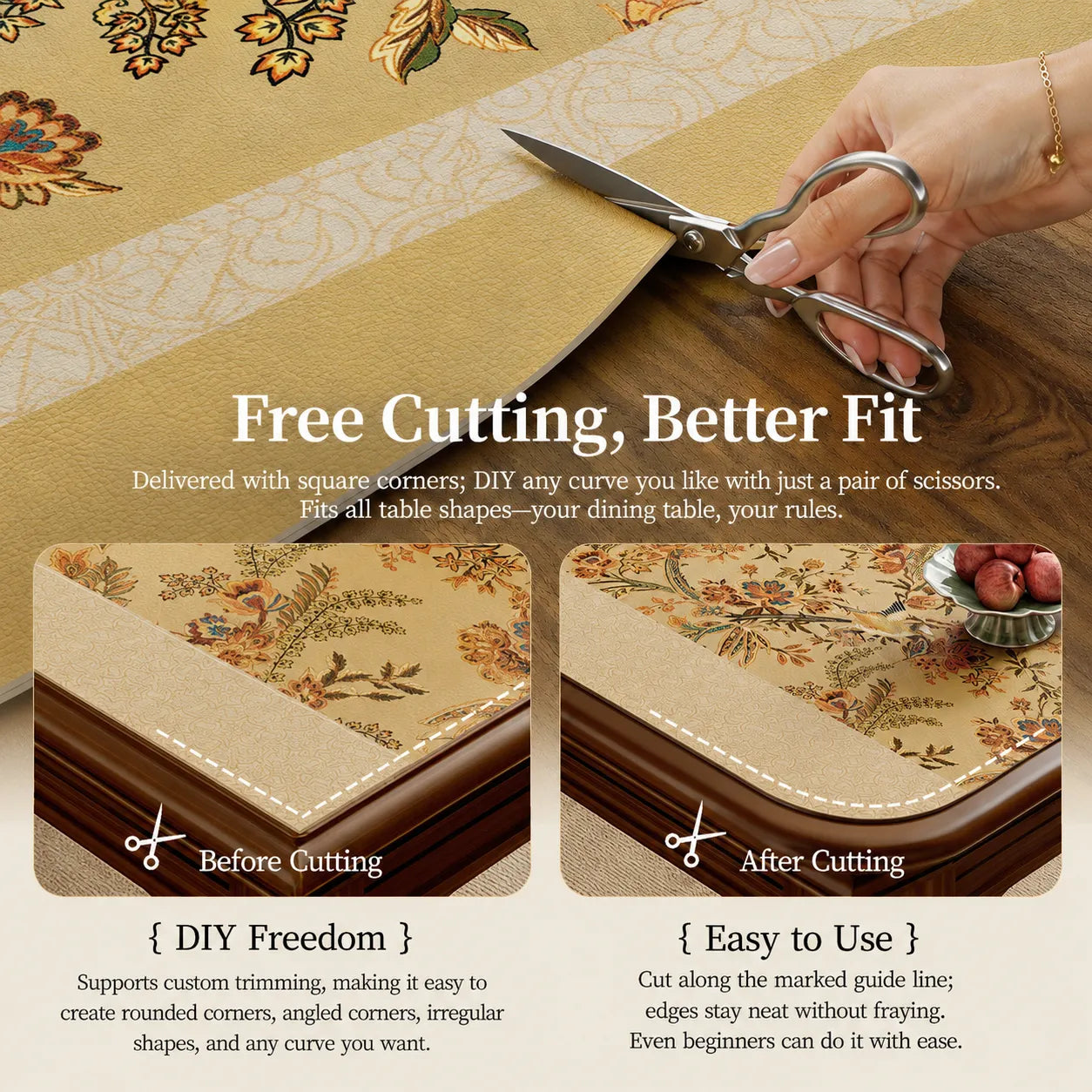 Customizable Autumn Splendor leather dining table mat that can be trimmed with scissors to fit different table shapes.