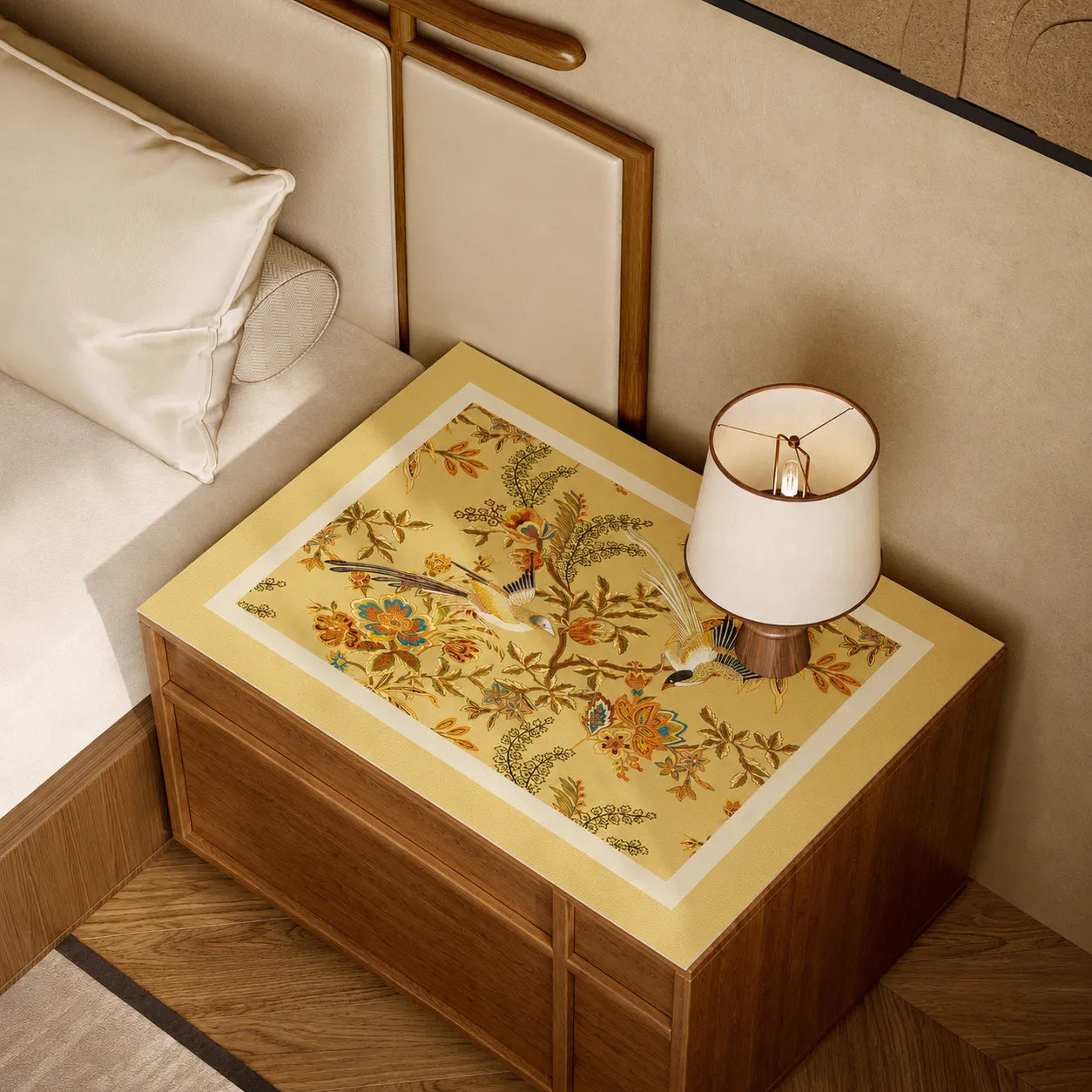 Golden Autumn Splendor Chinoiserie nightstand protector mat styled with a bedside lamp in an elegant bedroom.