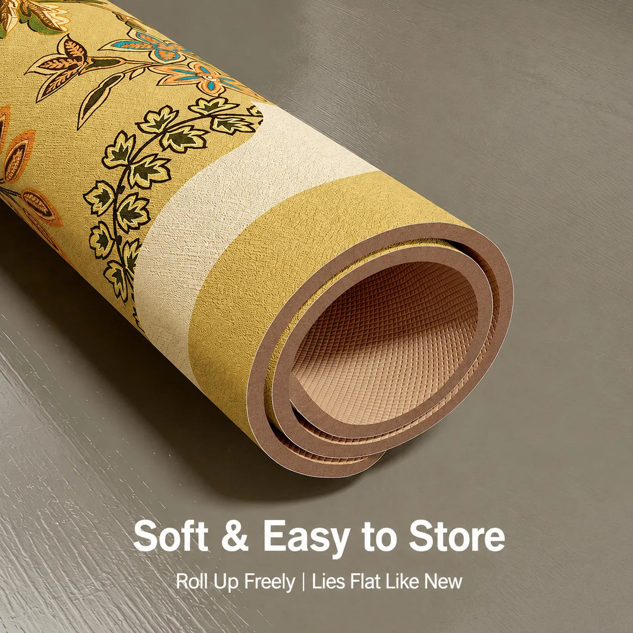 Soft and flexible Autumn Splendor leather tea table mat rolled for easy storage and designed to lie flat again after use.