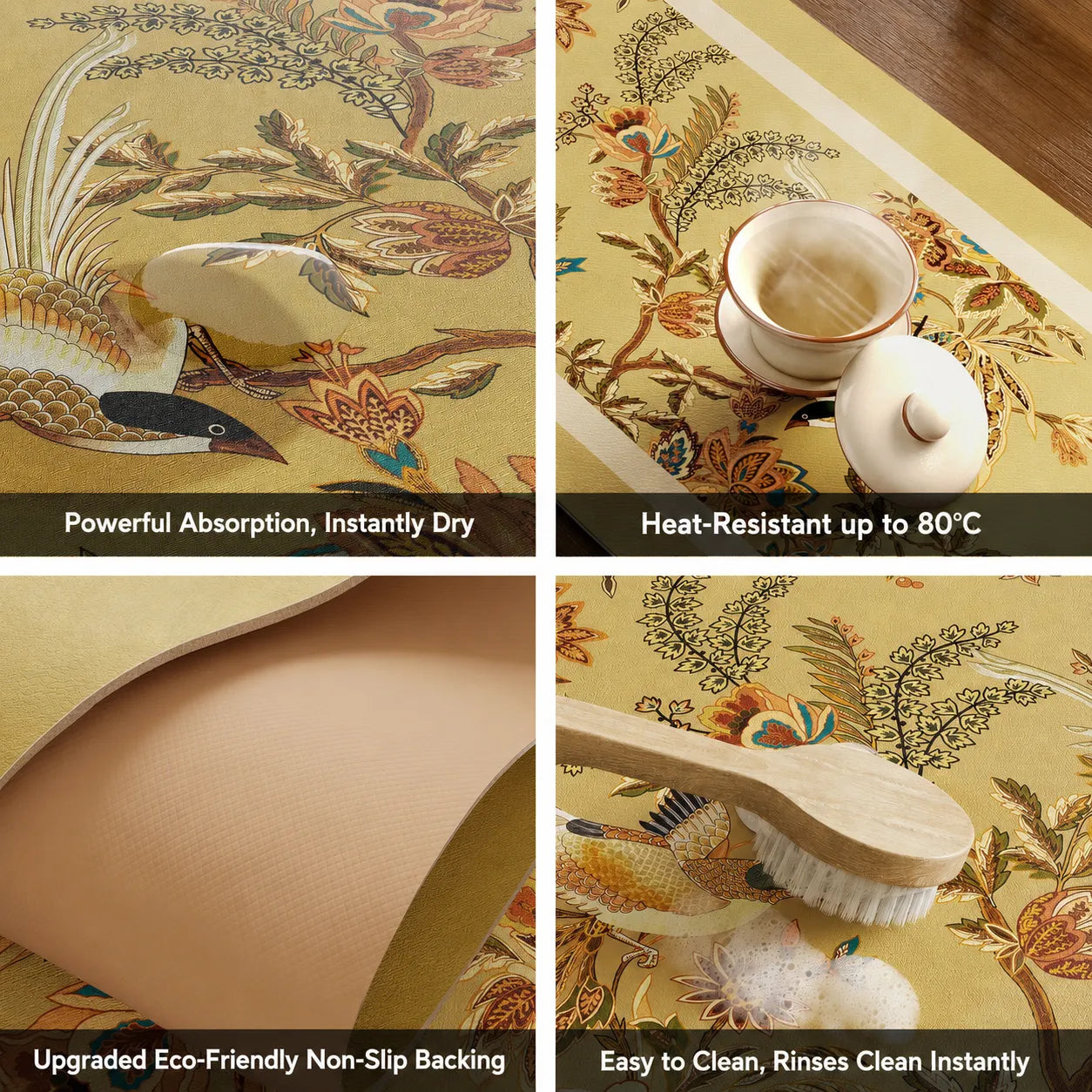 Autumn Splendor tea table mat with absorbent surface, heat resistance up to 80°C, non-slip backing and easy-clean design.