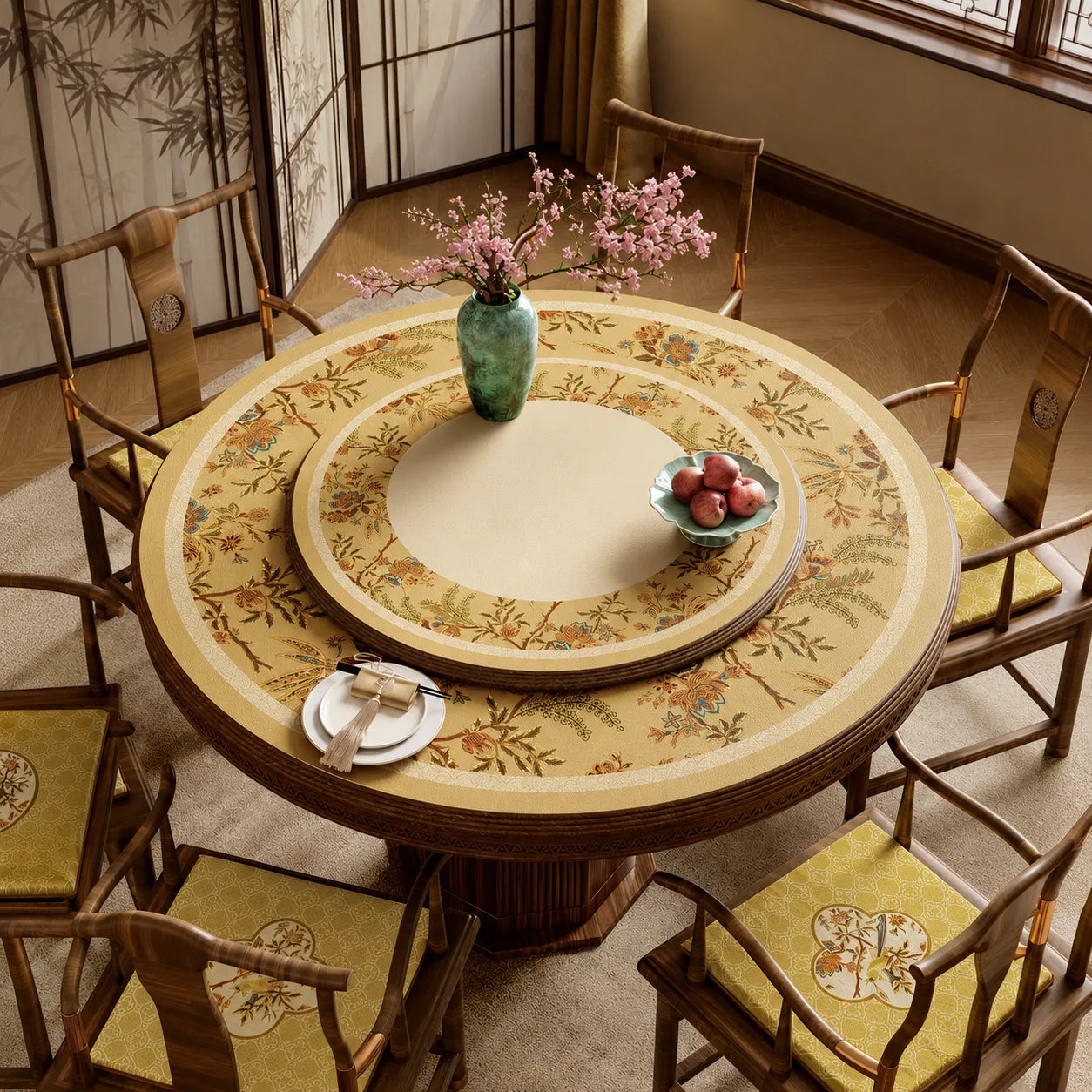 Autumn Splendor round dining table mat with matching floral design styled beneath a rotating lazy Susan.
