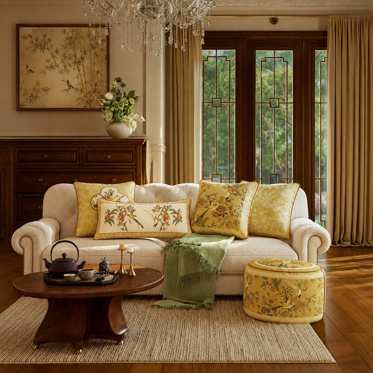 Autumn Splendor Chinoiserie throw pillows styled across a living room sofa with coordinating yellow accent pillows for a refined fall home refresh.