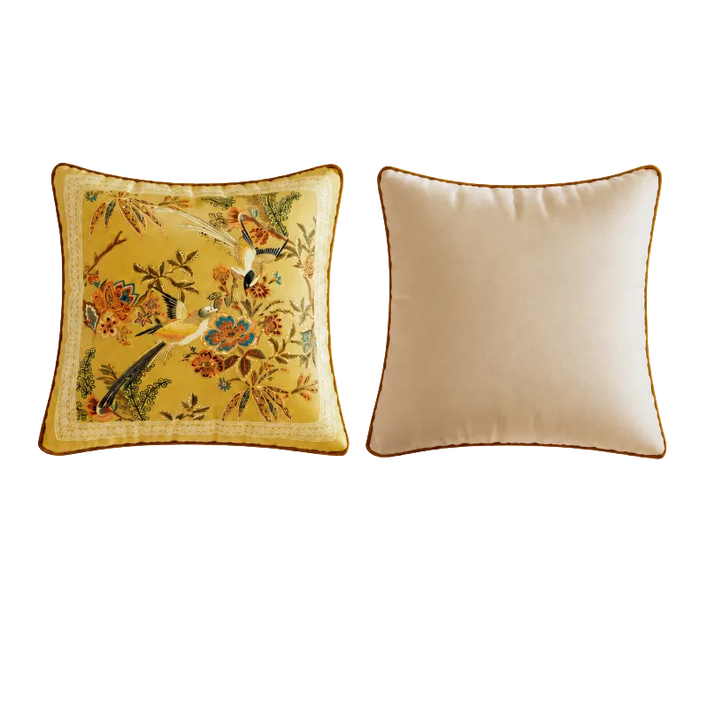 Autumn Splendor yellow Chinoiserie decorative throw pillow Style B with full floral and bird pattern, shown front and back.