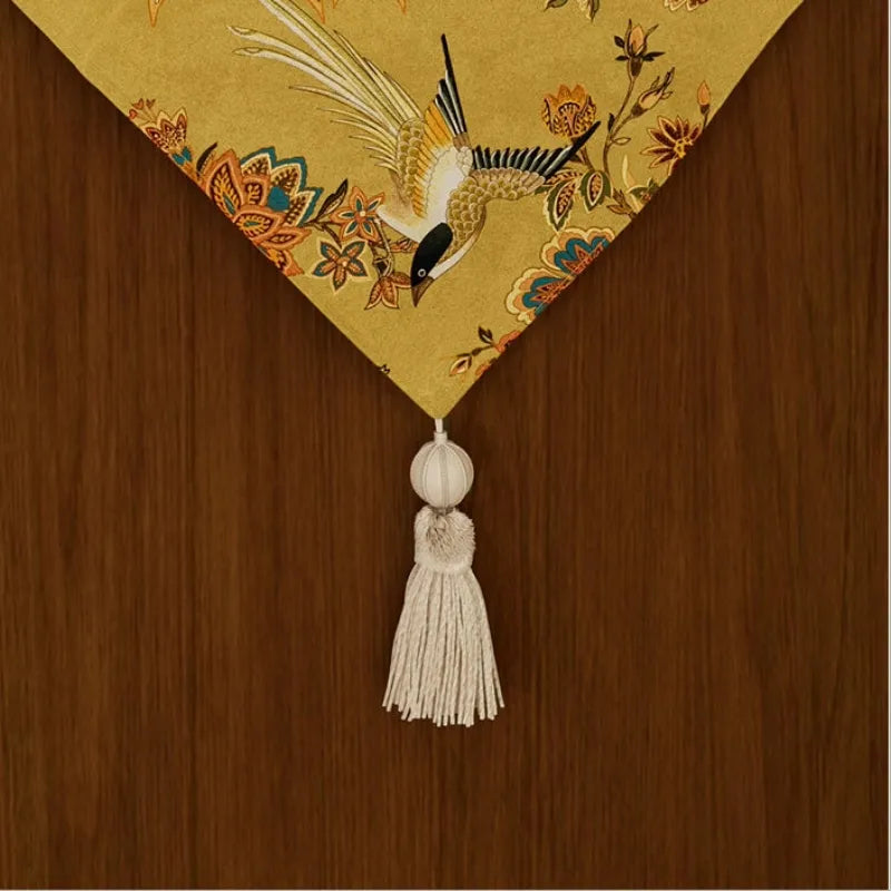 Autumn Splendor yellow table runner with handmade tassel detail, adding a luxurious Chinoiserie accent to fall home and dining decor.