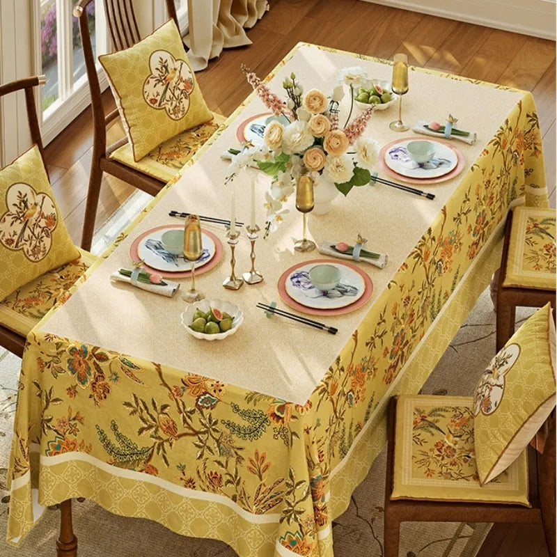 Autumn Splendor decorative Chinoiserie tablecloth styled with dinnerware, flowers and candles for an elegant autumn dinner party table setting.