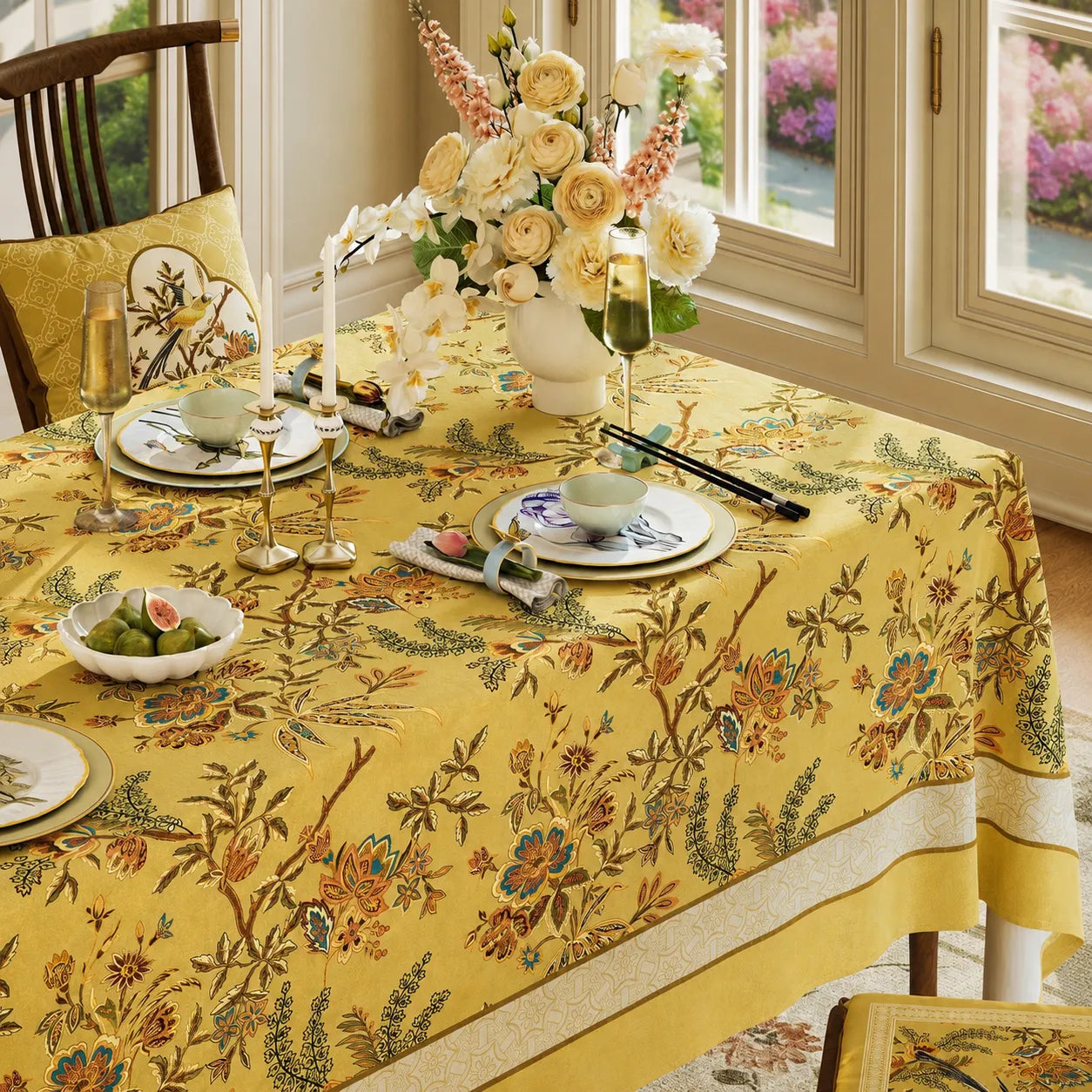 Autumn Splendor yellow Chinoiserie dining tablecloth with floral and bird motifs styled for an elegant fall dining table and seasonal entertaining.