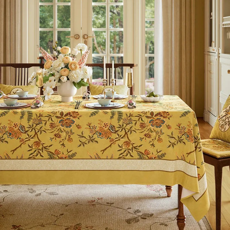 Yellow Autumn Splendor dining tablecloth with rich floral and botanical Chinoiserie pattern for seasonal dining room decor.