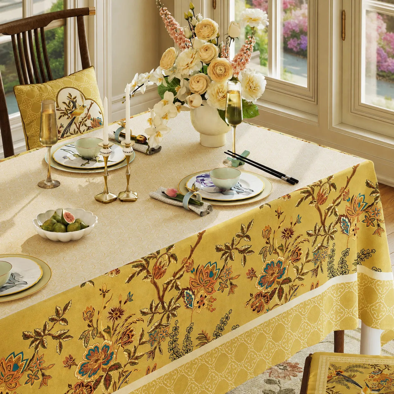 Autumn Splendor yellow dining tablecloth with ivory center and Chinoiserie floral border for a refined fall table decor refresh.