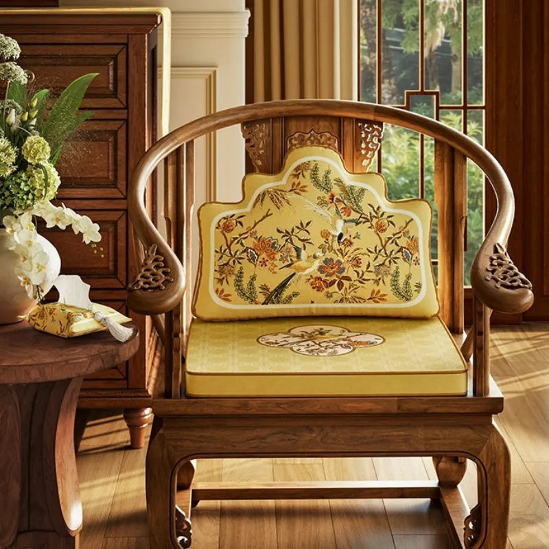 Yellow Autumn Splendor chair lumbar pillow featuring rich Chinoiserie floral and bird motifs with matching dining chair cushion.