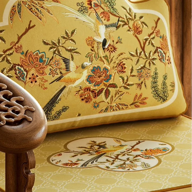 Close-up of Autumn Splendor decorative lumbar pillow featuring golden floral and long-tailed bird motifs for Chinoiserie home decor.