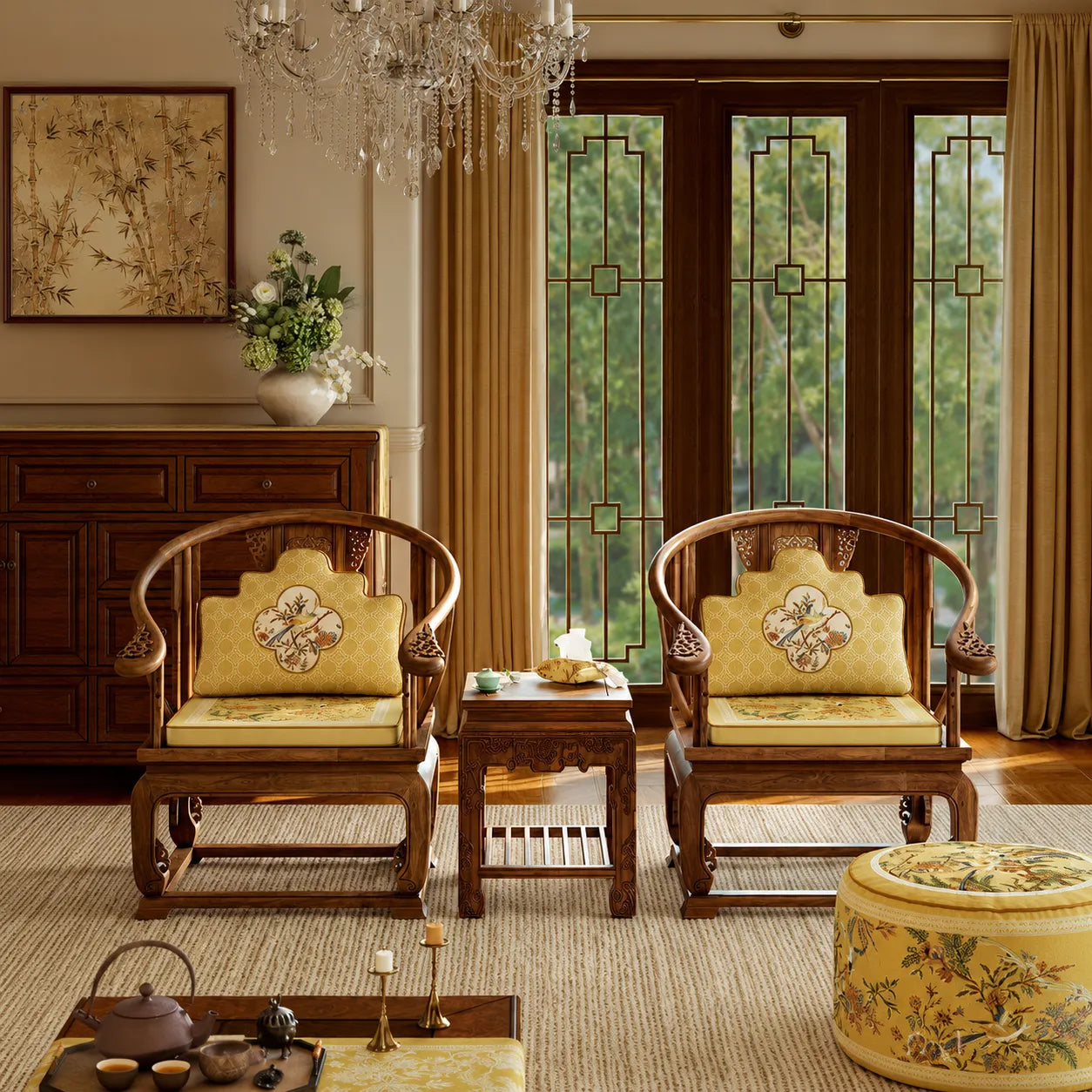 Autumn Splendor decorative lumbar pillows styled on wooden chairs in an elegant living room for a warm fall home decor refresh.