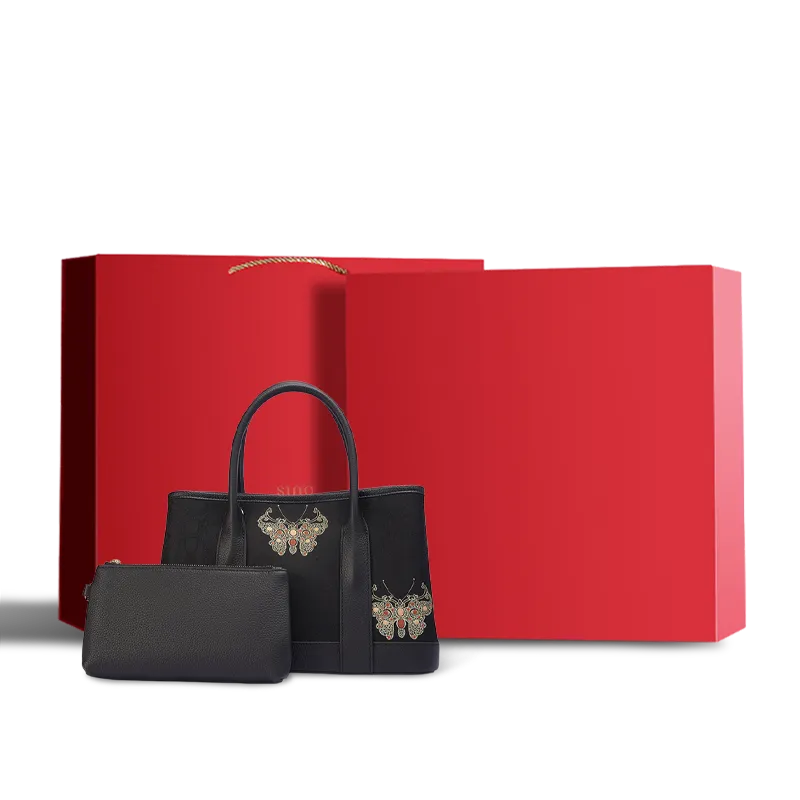 Luxury black Song brocade gold butterfly motif tote bag with red gift box.