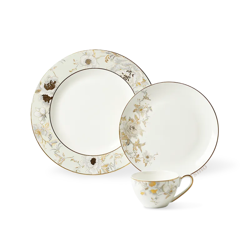 Chinoiserie 3-piece set: 8-inch plate, 10.5-inch plate, and demitasse cup with peony & butterfly design.