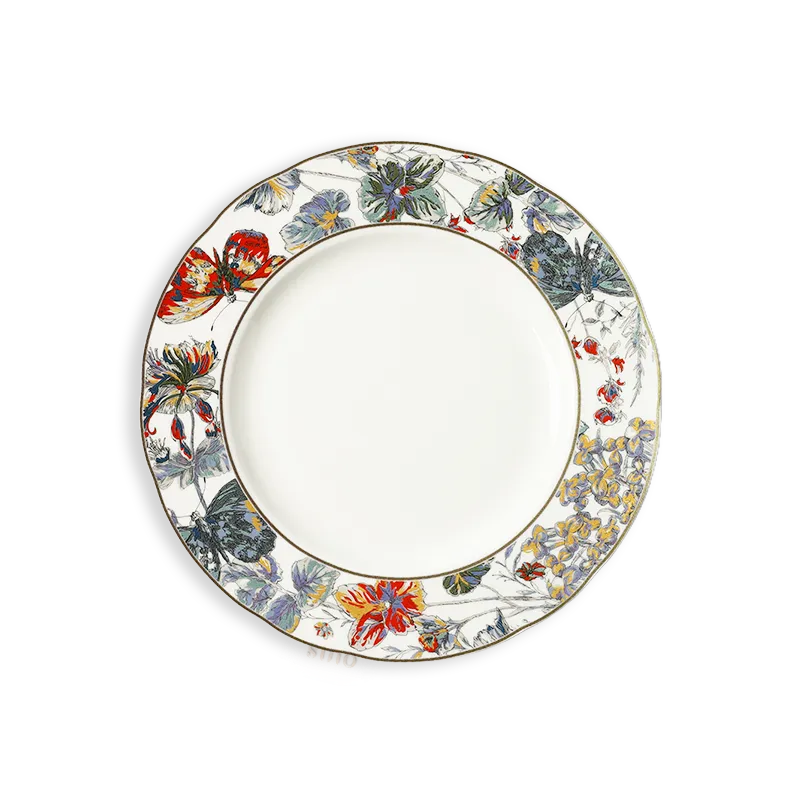 8.75-inch luxury bone china scalloped dinner plate with butterfly and floral design - front view.