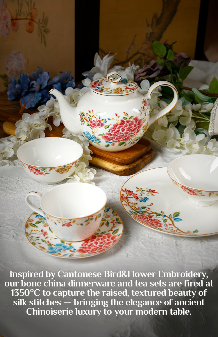 Luxury chinoiserie bone china dinnerware set with floral and bird motifs, including plates, teapot, and cups, arranged on an elegant table setting.