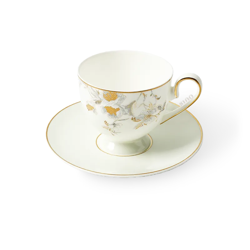 Top-down view: pedestal cup and saucer on white background.