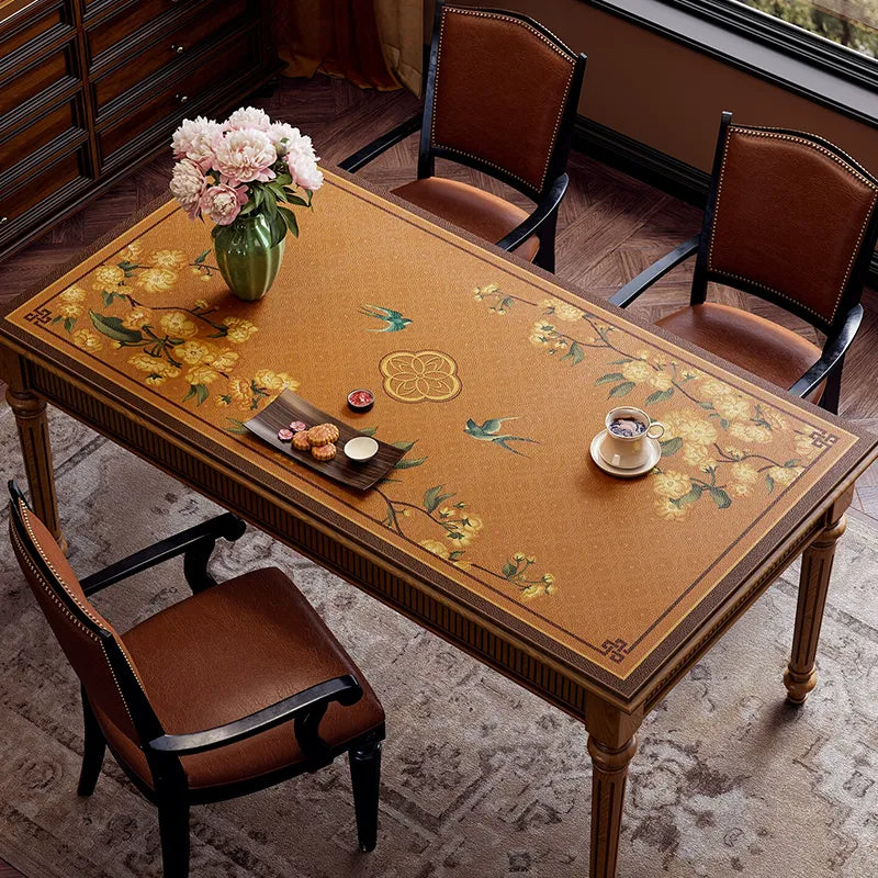 Chinoiserie luxury coffee brown floral and swallow leather table mat.