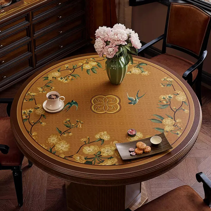 Chinoiserie luxury coffee brown floral and swallow round table mat.