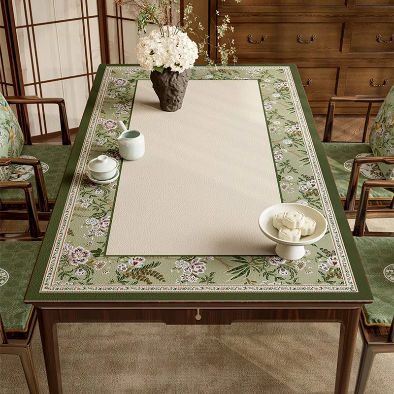 Chinoiserie luxury wash-free emerald green floral leather table mat.