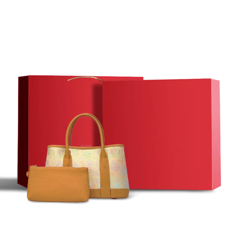 Luxury gold-woven Song brocade double happiness floral tote bag with red gift box.