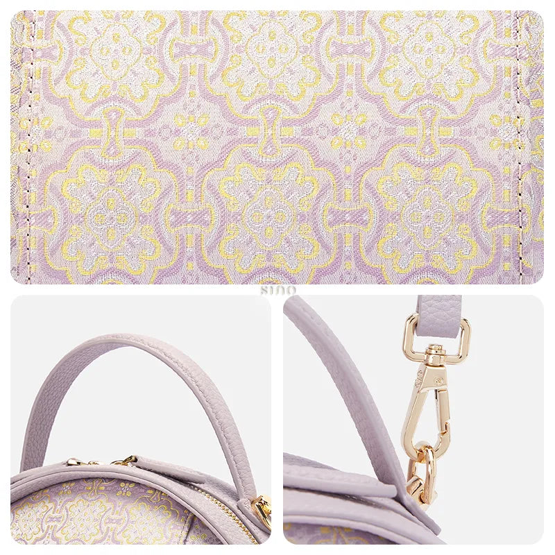 3-panel detail: Song Brocade fabric, leather handle, and metal hardware.