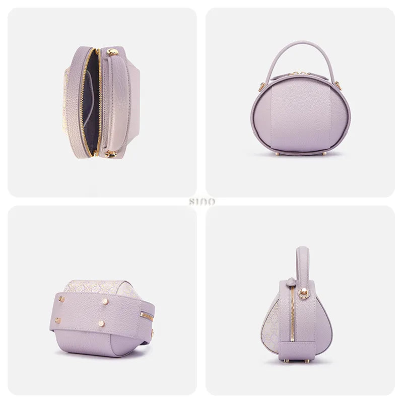 4-panel detail: handbag capacity, back, bottom, and side views.